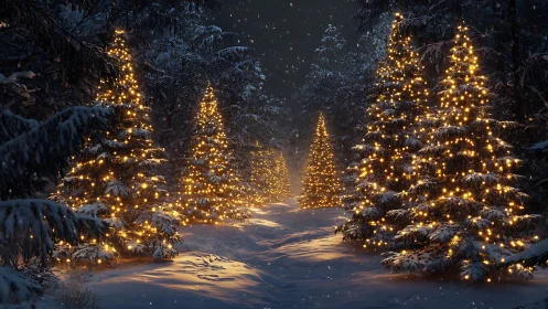 Snow covered forest path with illuminated fir trees at night.