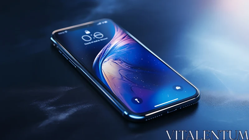 Modern smartphone on reflective dark surface in focus.