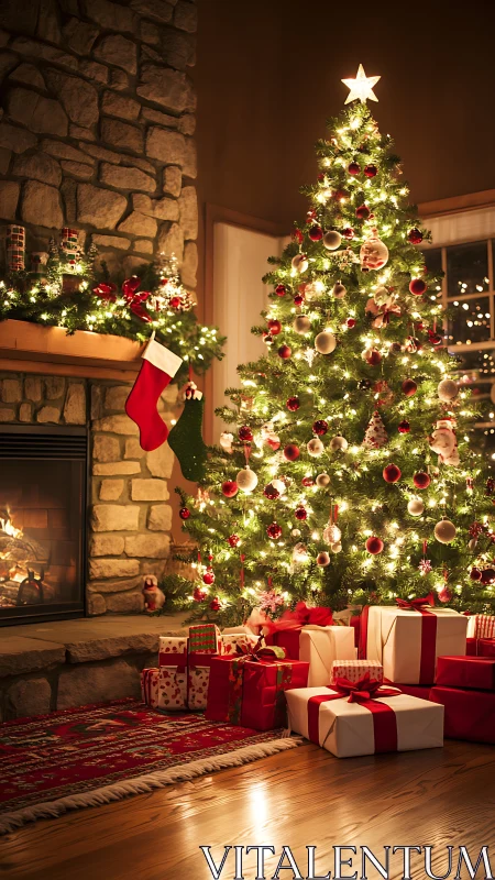 Glowing Christmas tree beside stone fireplace with gifts below.