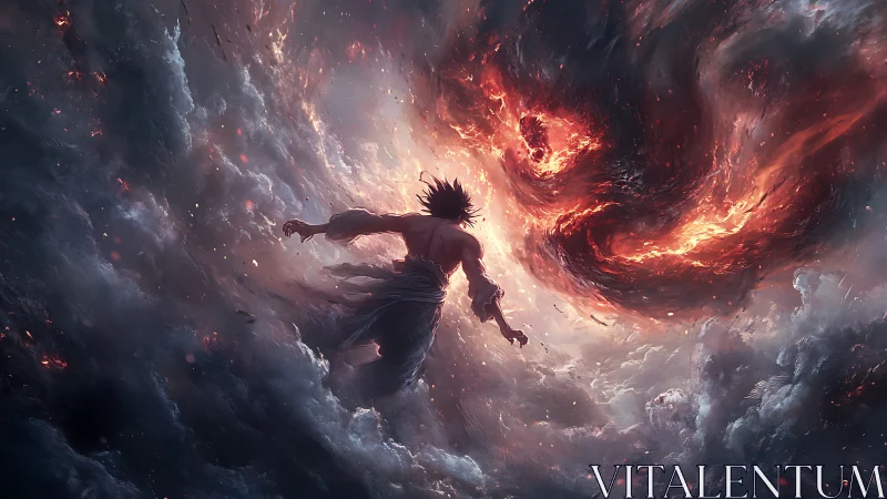 Mythic warrior confronting cosmic firestorm vortex in sky.