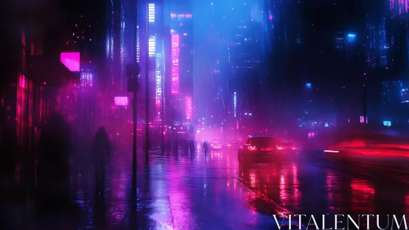 Neon rainstorm drapes a cyberpunk avenue in electric haze.