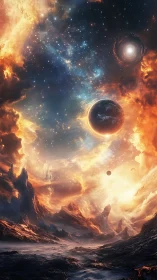 Cosmic inferno landscape with planets and nebular sky digital painting.