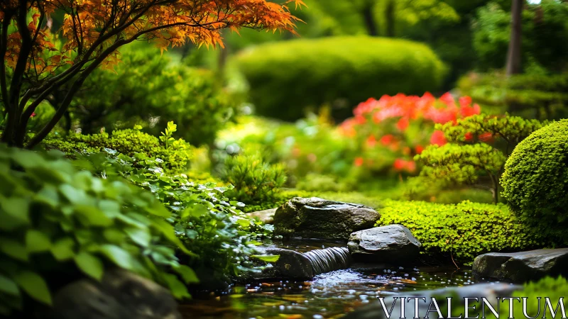 Tranquil garden stream with rocks and lush green foliage.