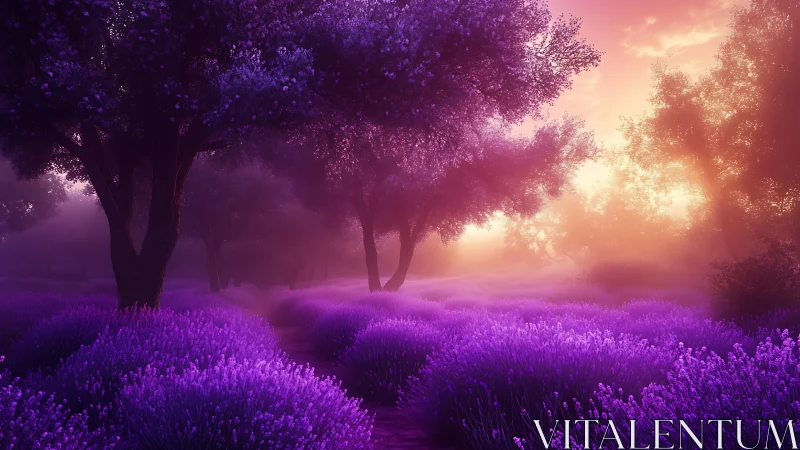 Lavender forest glows in dreamy violet light at sunrise