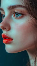 Close-up side profile of young woman with vivid red lips.