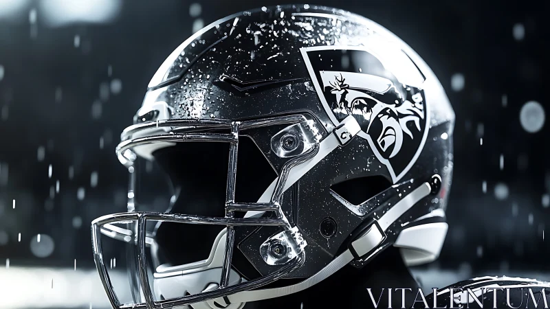 Storm-lit football helmet glowing under the night rain.