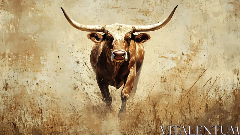 Digital painting of charging longhorn bull on textured field.