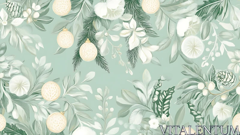 Winter foliage pattern integrates ornaments on muted green ground