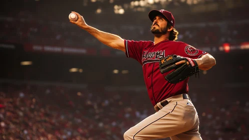 Dynamic baseball pitcher captured mid-throw under stadium lights.
