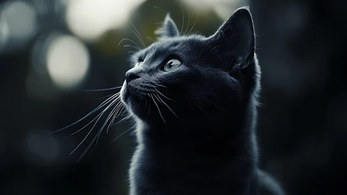 Obsidian-Eyed Contemplator: Black Cat's Luminous Gaze.