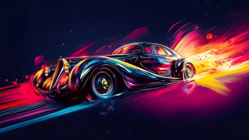 Vintage coupe races through neon-streaked chromatic flames.