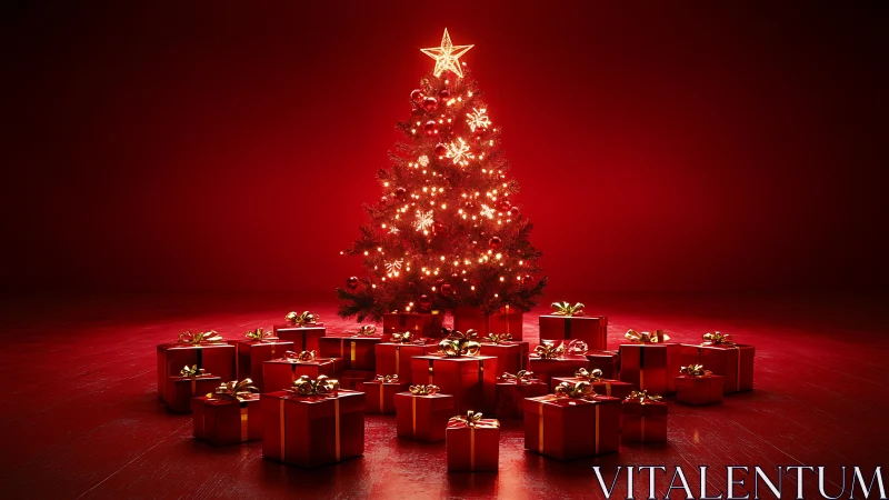 3D holiday vignette with illuminated Christmas tree centerpiece.