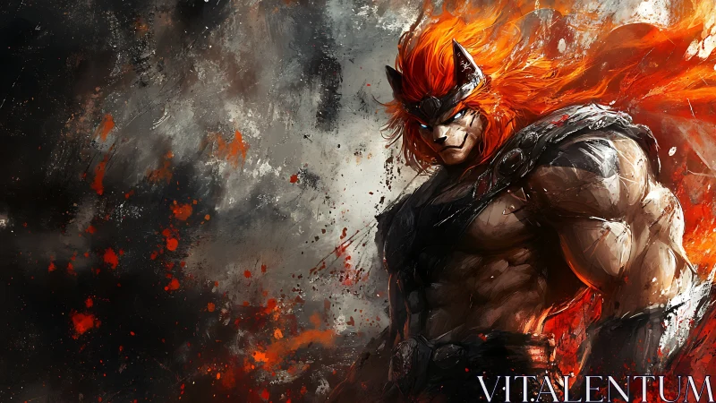 Fiery warrior spirit rising from swirling storm colors.