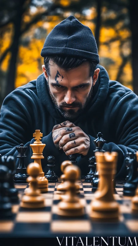 Intense tattooed strategist over autumn chessboard scene.