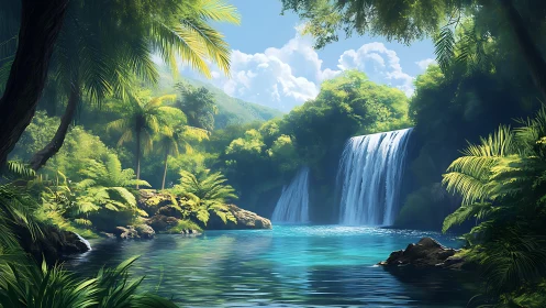 Tropical waterfall lagoon under lush jungle canopy sunlight.