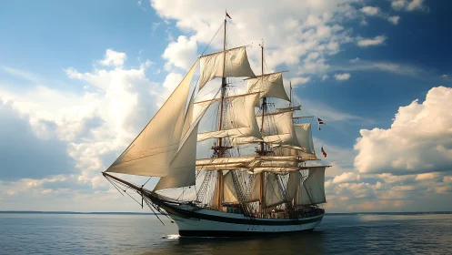 Sunlit tall ship gliding under cloud castles at sea.