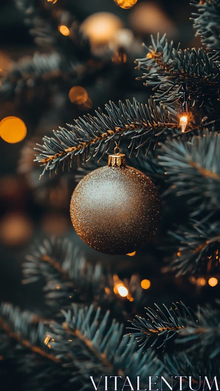 Golden bauble macro on fir branch with warm bokeh lights.
