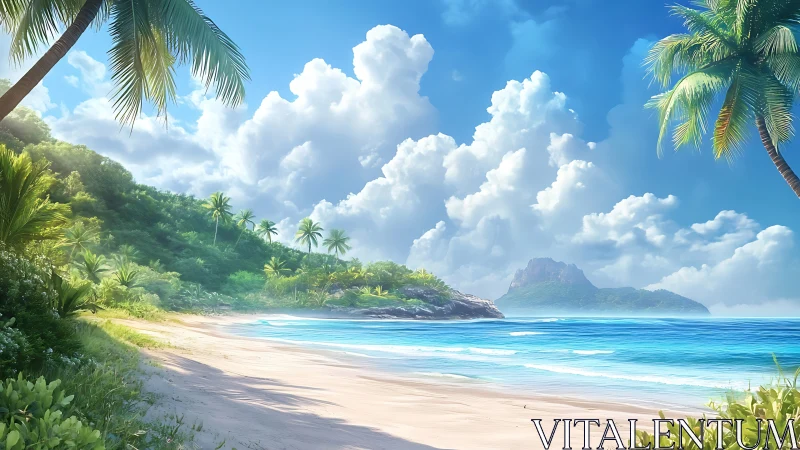 Tropical Beach Paradise with Mountains and Palm Trees.