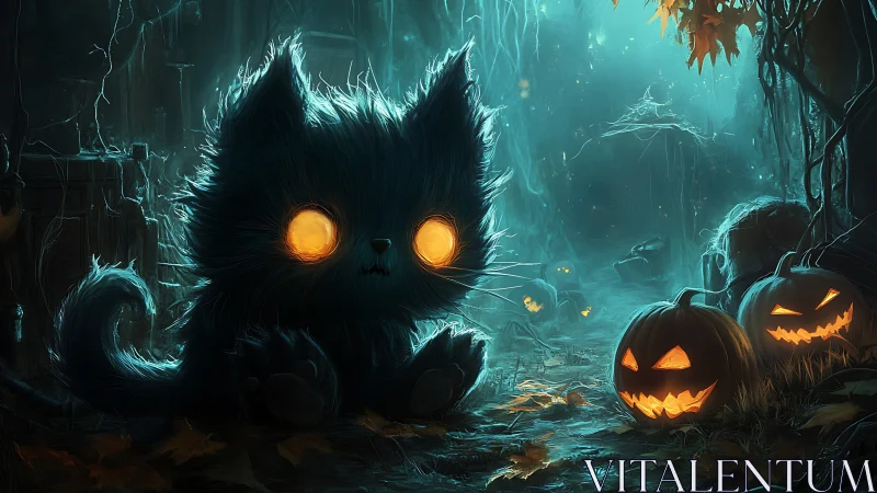 Glowing-eyed black cat haunts a misty Halloween forest.