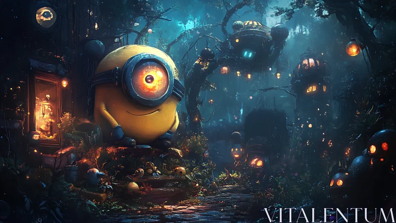 Friendly one-eyed creature explores glowing forest village.