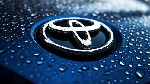 Macro detail of chromed car emblem on wet metallic blue surface