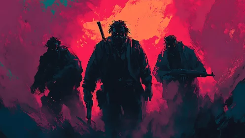 Shadowed soldiers advance through neon smoke and fire