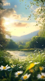 Backlit alpine meadow pond with daisies at sunrise glow