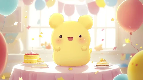 Cheerful Yellow Character at Birthday Celebration with Pastel Balloons