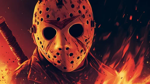 Hockey mask inferno stalker framed in molten shadows.