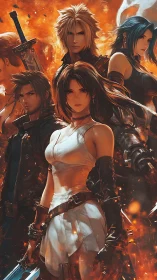 Heroic fantasy squad in dynamic flaming battlefield composition