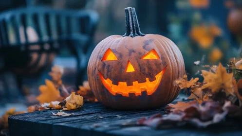 Glowing jack o lantern smiles warmly in a crisp autumn dusk