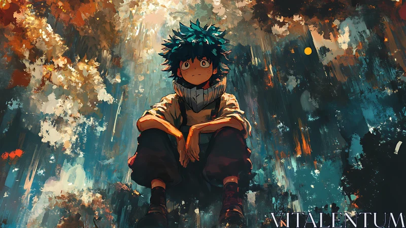 Pensive anime boy under cascading abstract forest light.