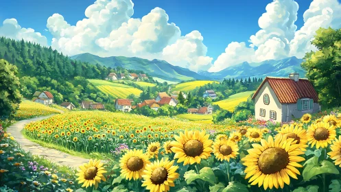 Sunflower valley landscape with village houses and hills.