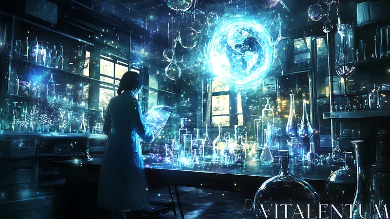 Holographic geoscience interface in luminescent wet lab environment.