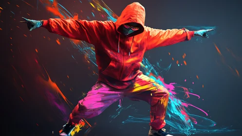 Neon hooded street dancer carving wild strokes of color.