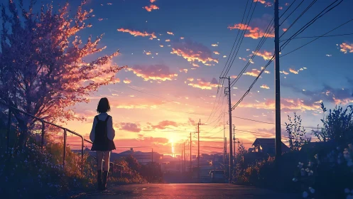 Schoolgirl watches luminous suburban sunset sky in silence.