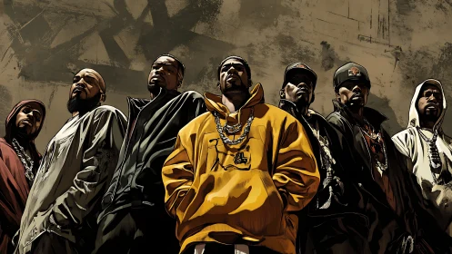 Urban hip hop crew standing strong in bold street style.