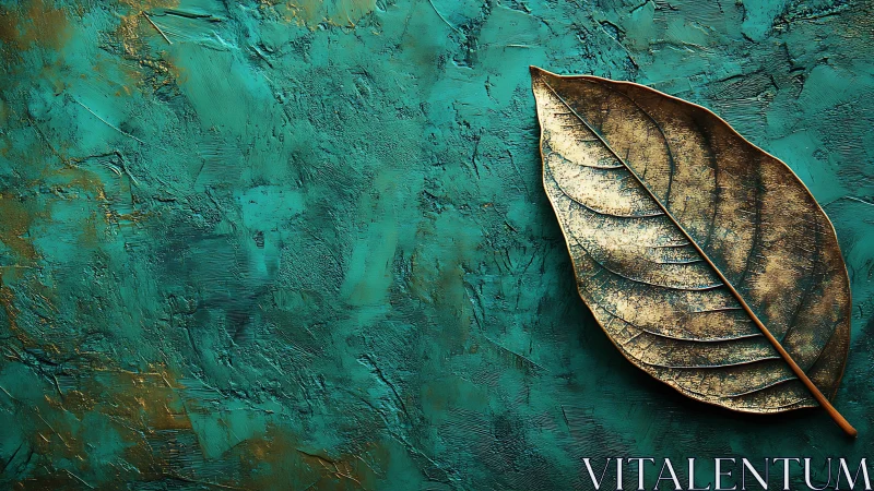 Golden leaf sculpture rests on textured teal abstract ground
