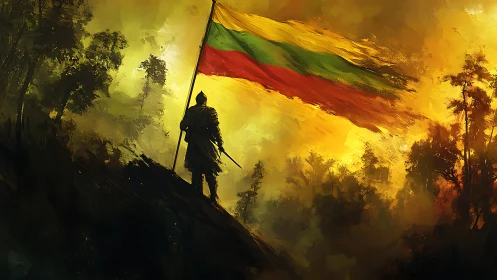 Armored sentinel crowns a blazing forest with tricolor resolve