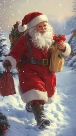 Festive Santa Claus walking through snowy village lane.