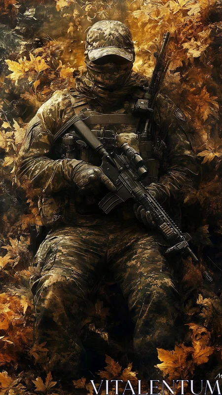 Camouflaged soldier crouched in autumn forest foliage