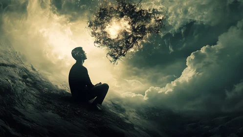 Silhouetted figure studies luminous swirling cloud mass