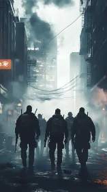 Squad of weary soldiers advancing through a smoky city street.