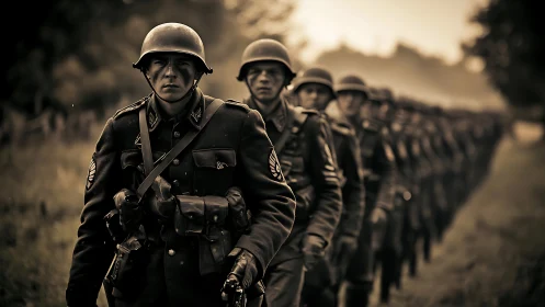 Somber line of soldiers marches forward in muted daylight
