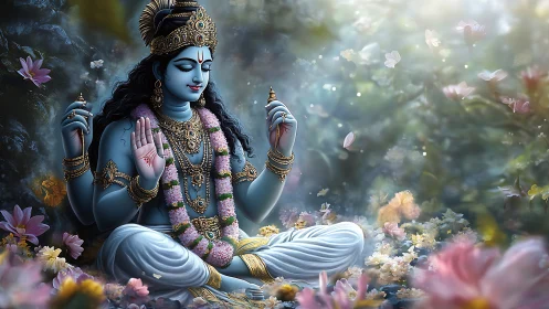 Blue-skinned Hindu deity meditating in flower-filled grove.