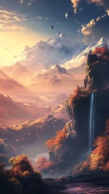 Glowing twin moons rise above ethereal autumn mountainscape