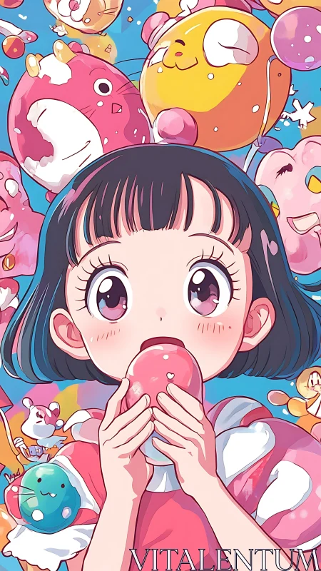 Girl bites glossy candy amid floating pastel creatures