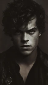 Moody monochrome portrait of young man in leather jacket.