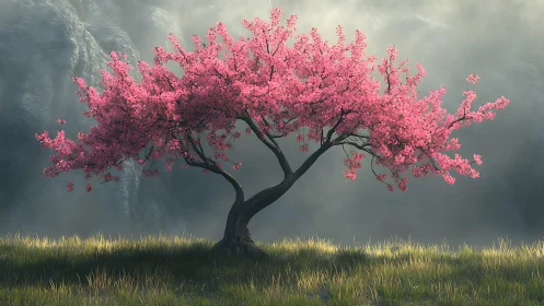 Computational cherry tree model in volumetric misted valley.