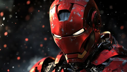 Battleworn red armored helmet shown in detailed close-up